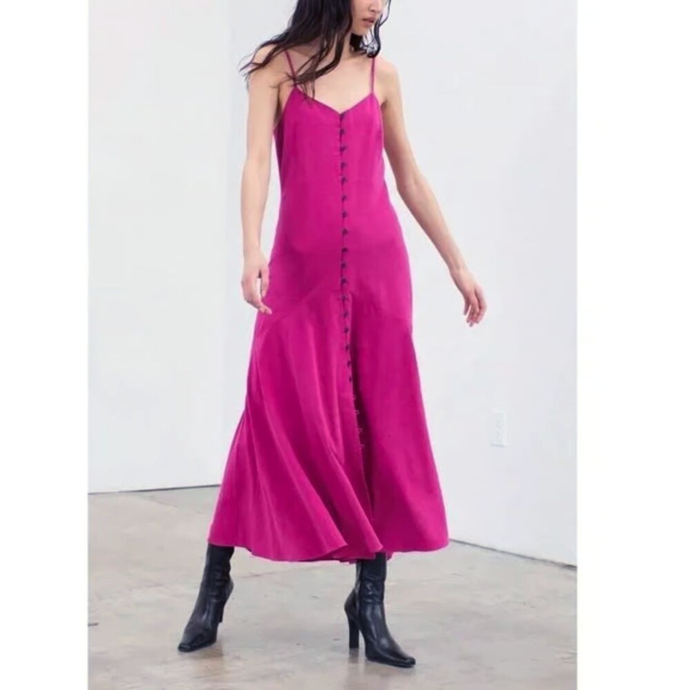 Mara Hoffman Diana Slip Button Front Dress Women S Magenta Pink Tencel Maxi $595